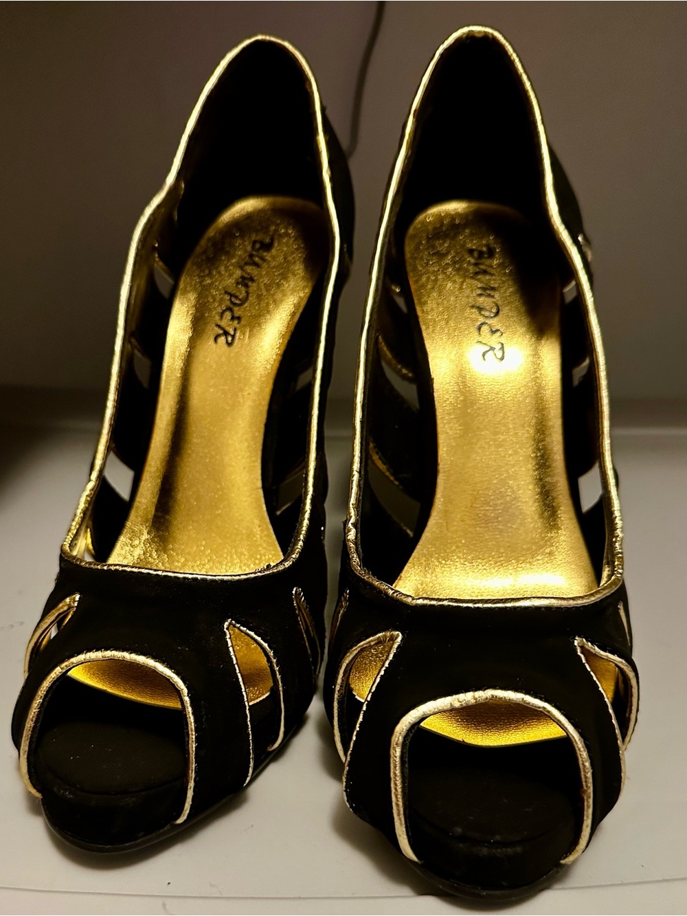 Bumper Black and Gold Peep-Toe Heels